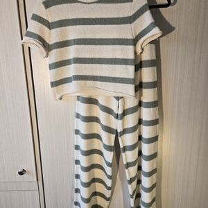 Cozy Stripe Kids Pajama Set - Cream & Sage Green